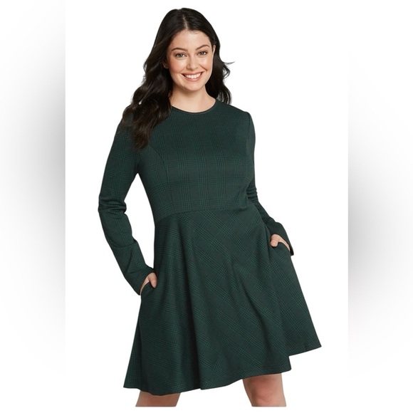 Modcloth State Of Grace Fit Flare Green Plaid Soft Swing Knee Length Dress SZ 1X - Picture 2 of 16